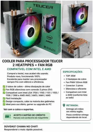 Cooler para processador Teucer RGB 4 Heatpipes - Novo