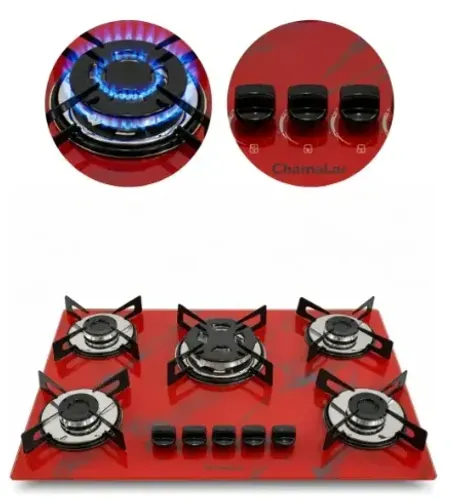 Fogão Cooktop Premium 5 Bocas Tripla Chama Marmorizado Vermelho- Chamalar