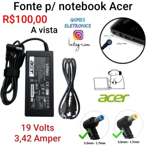 Fonte para Notebook Acer - Carregador para Notebook Acer 19v 3.42a (Loja Fisica)