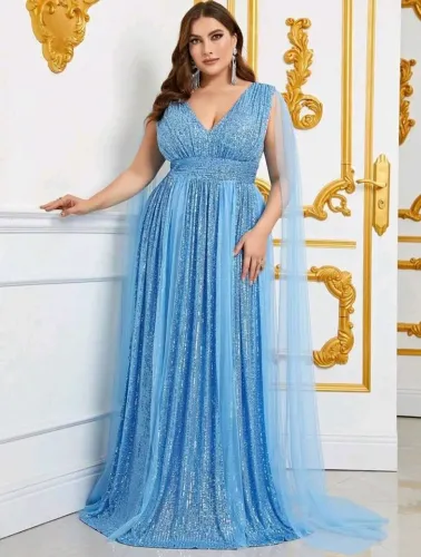 Vestido Longo Luxuoso com Manga Flare Elegante e Paetês Plus Size 5XL Shein s