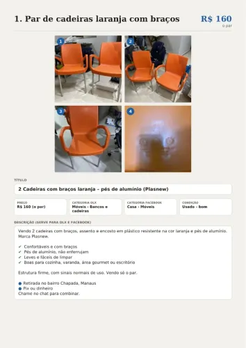 2 Cadeiras com braços laranja - pés de alumínio (Plasnew)