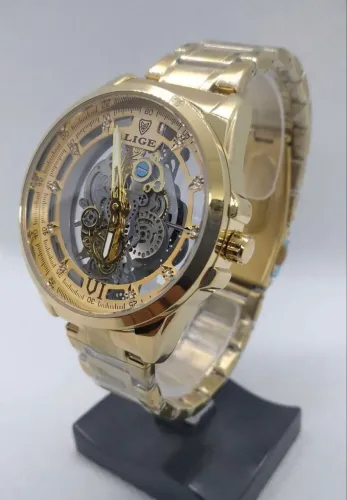 Relogio de luxo LIGE esqueleto dourado - Ofertas