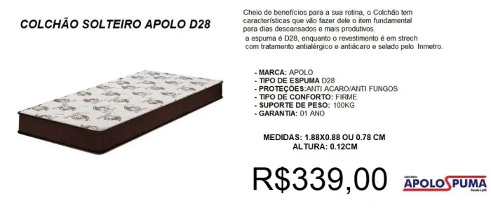 Colchão solteiro d28 por 12 cm de altura - compre hoje e receba em até 72h