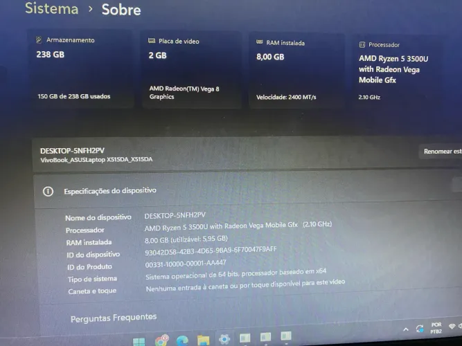 Notebook Asus M515, Ryzen 5, 8gb RAM, 256gb ssd