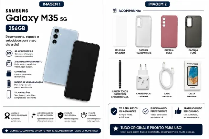 Samsung Galaxy M35 256 GB - (película aplicada, 3 capinhas, caixa e carregador original).