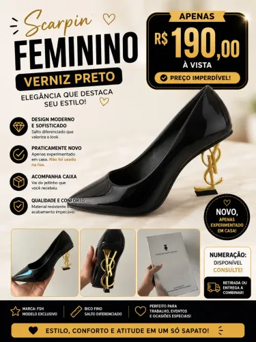 Scarpin Feminino Preto Verniz Salto Dourado - Tam. 35 | R$190
