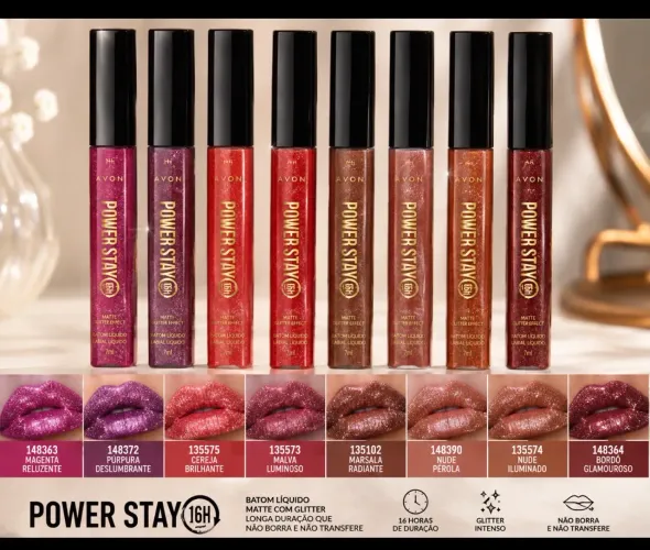 Batom gliter power stay cores variadas