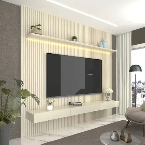 Painel para TV até 90 Polegadas com LED 100% MDF 224cmx250cm Impressão Ripada com Gaveta