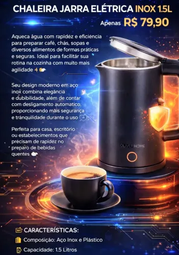CHALEIRA JARRA ELÉTRICA INOX 1.5L