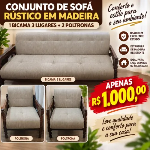 Jogo de Sofá rústico, 1 de 3 lugares e 2 poltronas 1 lugar
