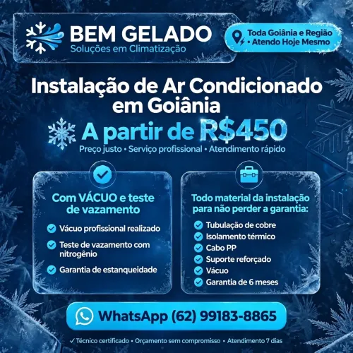 Instalação Ar Goiânia R$450 c/cobre,vácuo,suporte e garantia 6m. Whats * hoje