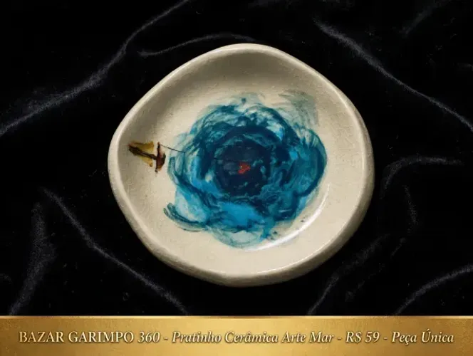 Pratinho Cerâmica Artesanal Pintura Náutica Assinada - Arte Mar Azul - Bazar Garimpo 360 -