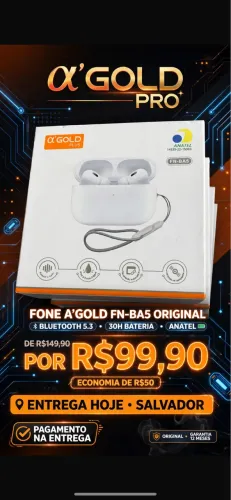 Fone Sem Fio A'Gold FN-BA5 Bluetooth 5.3 Original ANATEL 30H Bateria - Entrega Salvador