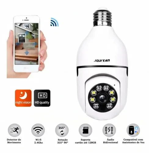 Câmera Lâmpada Segurança Wifi Inteligente JT-8177 HD 1080p PTZ Visão Noturna App Yoosee Bi