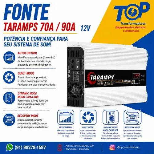 Fonte Automotiva Taramps 12v 70A / 90A carregador de Bateria 