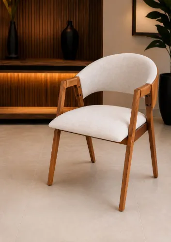 Cadeira de Jantar Nova com Braço Estilo Mid-Century Estofada Linho Bege