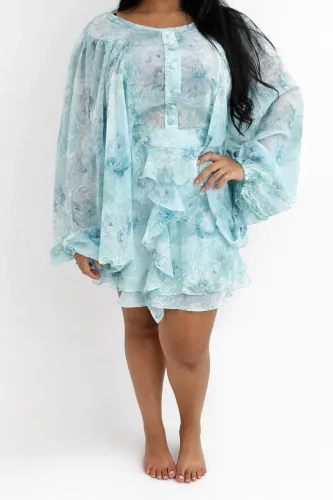 Vestido curto floral azul em chiffon