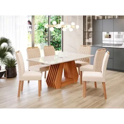 CONJUNTO SALA DE JANTAR ÁGATA TAMPO EM MDF E VIDRO COM 4 CADEIRAS PAOLA CIMOL