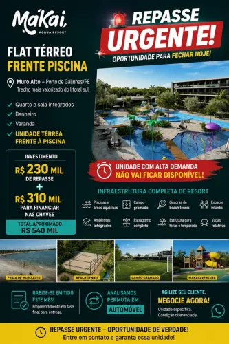 OPORTUNIDADE URGENTE: FLAT TERREO NO MAKAI ACQUA RESORT OPORTUNIDADE VENDA OU PERMUTA