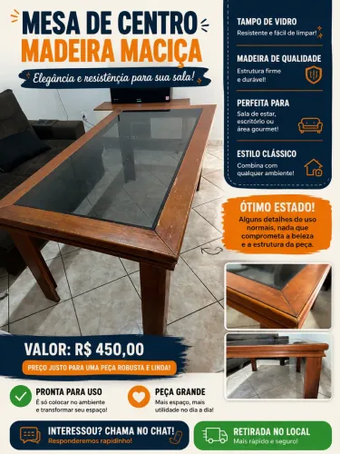 MESA DE MADEIRA + TAMPO DE VIDRO