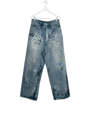 Calça Jeans Balenciaga Graffiti Azul