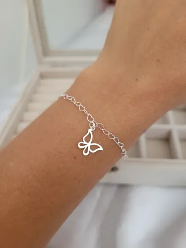 Pulseira elo coração com pingente borboleta Prata 925 legítima