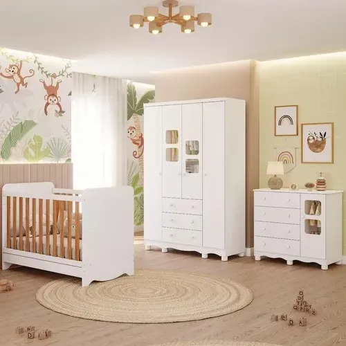 Quarto Infantil Lumi 4 Portas com Berço Americano Ben, 100% MDF - Peroba