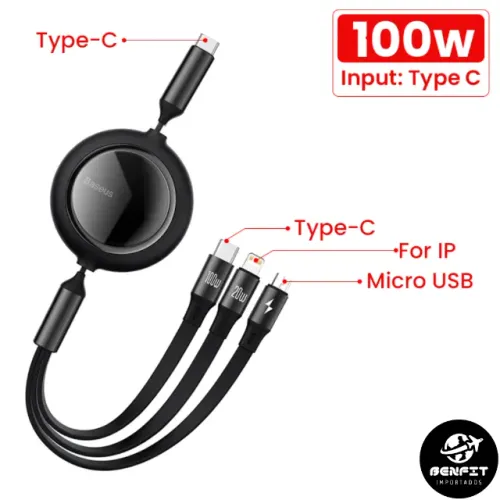 Cabo Retrátil Baseus 100W 3 em 1 1.1m