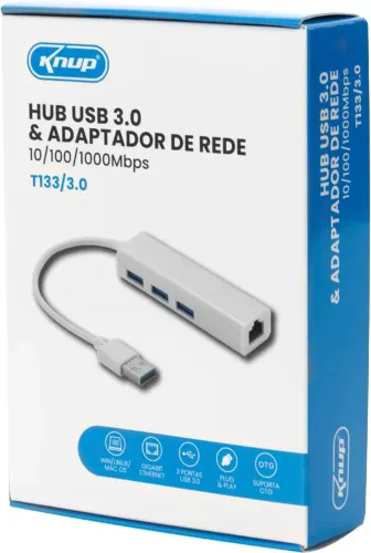Hub USB A com 3 Portas e Adaptador de Rede Gigabit Knup, T133/3.0, 10/100Mbps, Branco