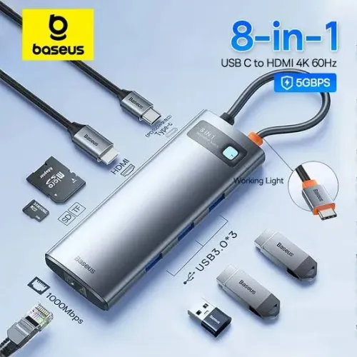 Hub USB-C 8 em 1 Baseus - HDMI 4K, Leitor de Cartões, 5Gbps
