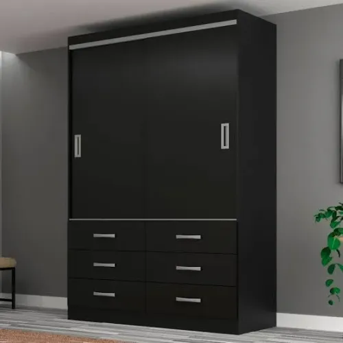 Guarda-Roupa Preto 2 Portas Deslizantes e 6 Gavetas