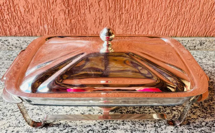 Réchaud de inox retangular com tampa, suporte & travessa de vidro!
