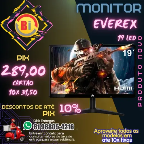 Monitor Everex 19" LED, TN, 75Hz, 5ms, VESA, HDMI/VGA, Preto