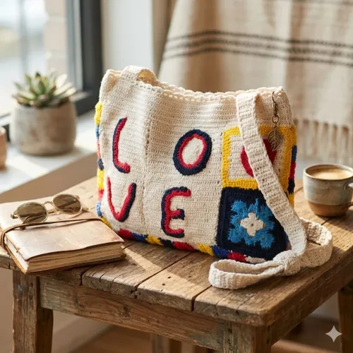 Bolsa De Ombro Feita A Mão Em Crochê Colorida Love 100% Algodão