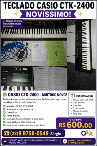 VENDO Teclado Cassio CTK-2400, Muito Novo, Vai com CAPA, FONTE ORIGINAL, CABO P10, MANUAL 