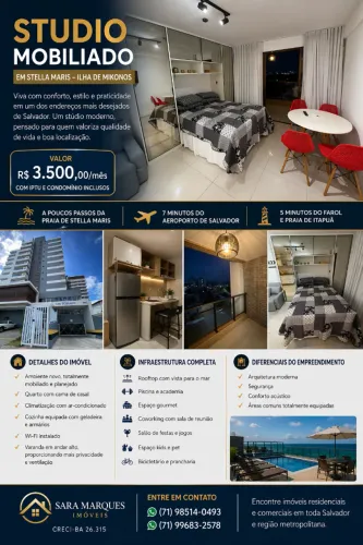 Studio mobiliado em Stella Maris com varanda e lazer completo