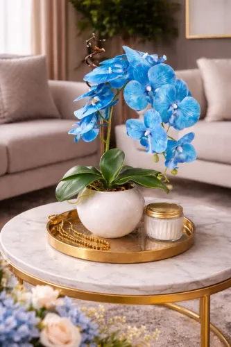Arranjo de Orquídea Artificial Azul em Vaso de Vidro Nude