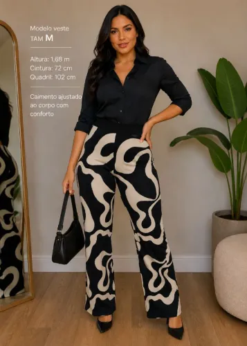 Calça Pantalona Feminina Tricot Cintura Alta Estampada Preto e Off White Tam M