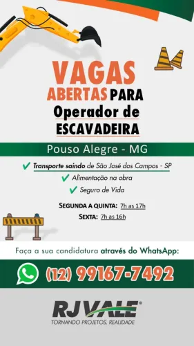 VAGA OPERADOR DE ESCAVADEIRA - DISPONIBILIDADE ALOJAMENTO POUSO ALEGRE-MG