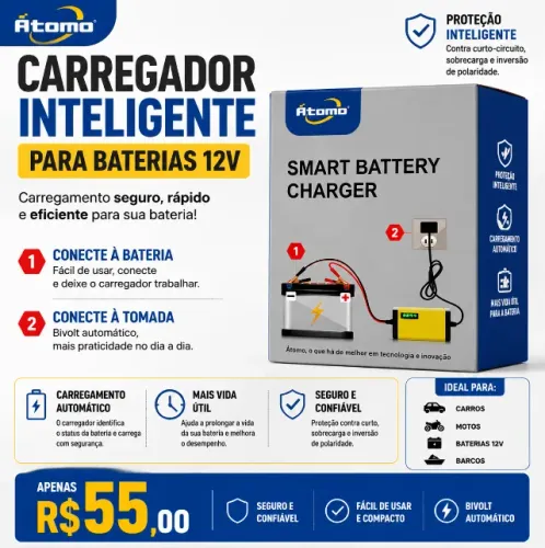 Carregador Inteligente 12V Para Bateria de Carro e Moto