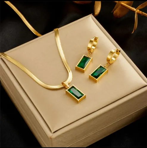 Conjunto Semijoia Corrente Shake e Brincos Verde Esmeralda - Luxo Premium Ouro 18k