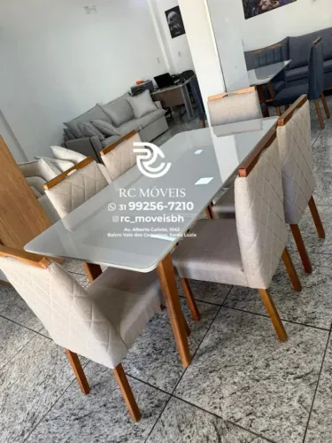 Mesa de jantar 1,70x0,90 Tampo Vidro Laqueado + 6 Cadeiras Madeira maciça