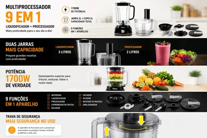  MULTIPROCESSADOR PHILCO 9 EM 1 - 1700W SUPER POTENTE | COMPLETO | PR
