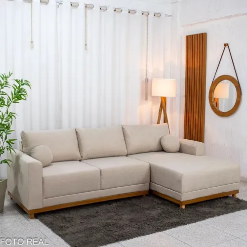 Sofá 3 Lug. C/Chaise Larg. 2.50m Linho Bege Molas Bonnel rf7