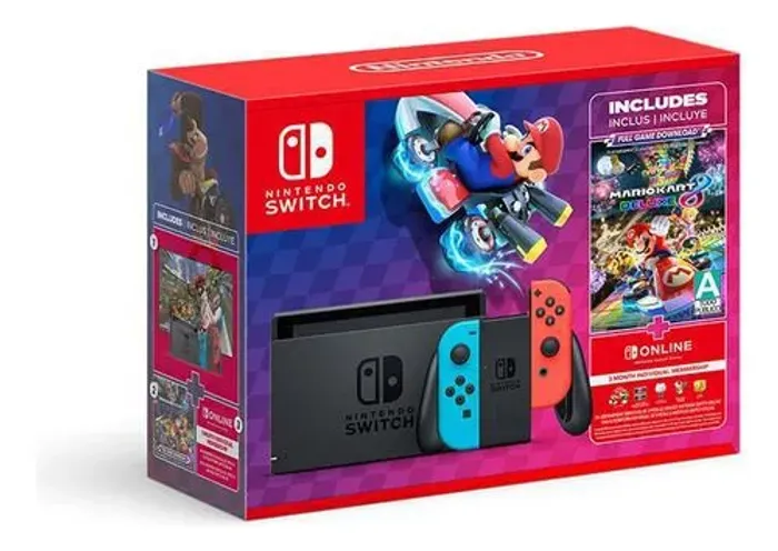 Nintendo switch em bom estado com três controles e um jogo de mídia física