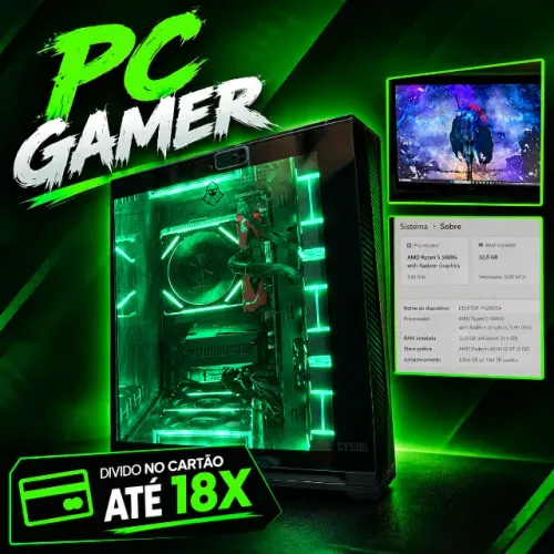 PC Gamer (CARTÃO 18X) Ryzen 5 5600G ,RX 6650XT 8GB, 32GB DE RAM, 1TB SSD NVME, MONITOR24PO