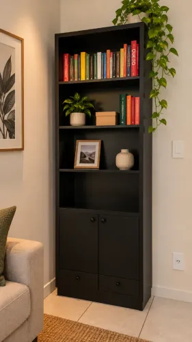 ? Estante Livreiro Preta - com Portas e Gavetas