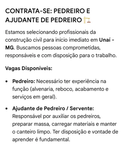 Vaga de Pedreiro e ajudante de pedreiro