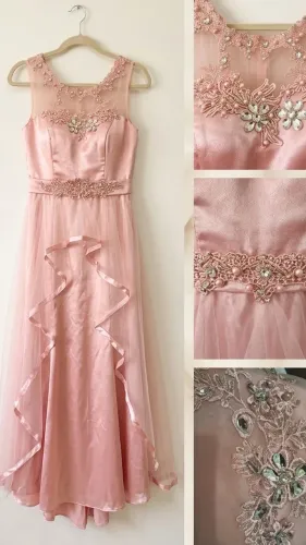 Vestido de Festa Longo Rosa Nude / Rosé nunca usado (Tamanho 44/46) com Pedraria e Renda