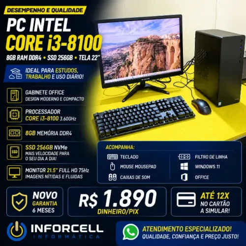 PC Completo Core i3-8100 8gb Memoria Ddr4 Ssd 256gb Tela 22